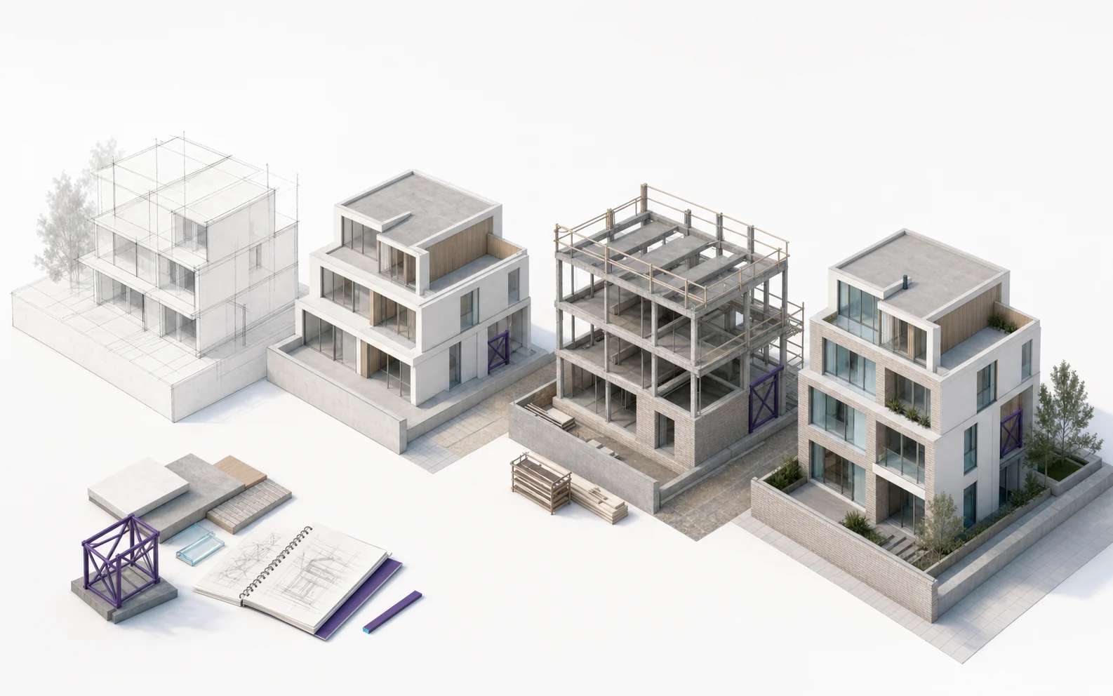 Illustratie van een bouwplan in vier fasen, van eerste schets tot oplevering